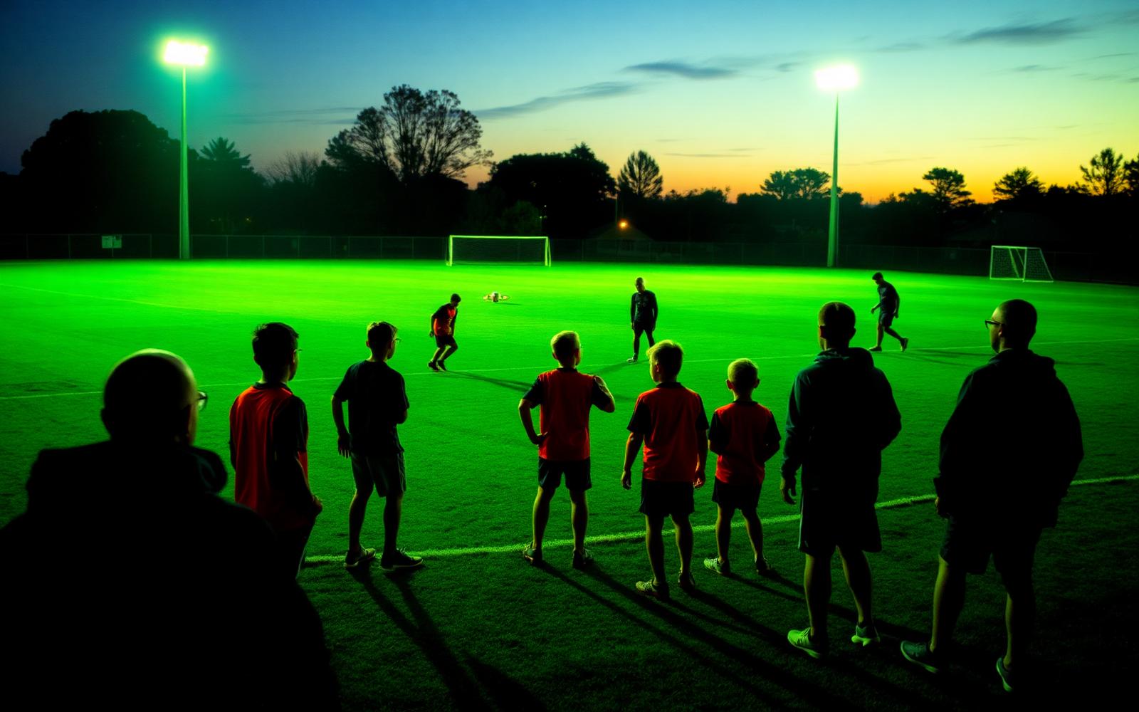 Junior football team training under floodlights at a suburban club